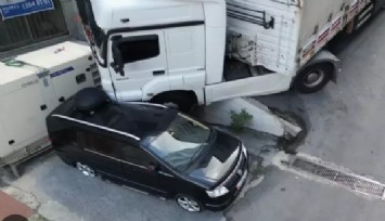 İstanbul'da yürekleri ağıza getiren kaza: Yokuş aşağı kayan tır park halindeki aracın üzerine düştü